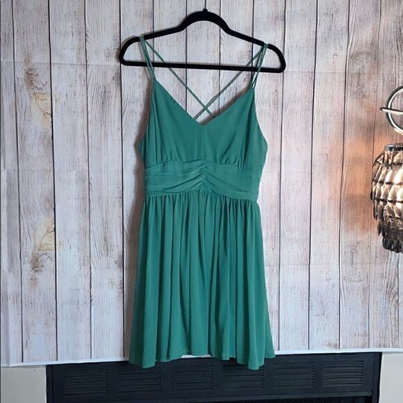 BB Dakota Dress Womens Size 4 Edie chiffon Mini fit and flare Green Pleated - Picture 3 of 7